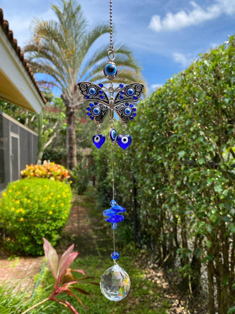 Evil Eye Blue Butterfly Suncatcher Crystal Sun Catcher Prism Ball Rainbow Maker Wind Chime Window Decoration Home Nursery Decor Gift For Her