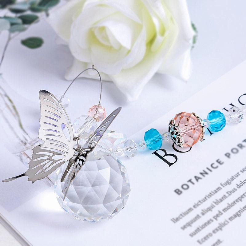 Butterfly Crystal Suncatcher FREE GIFT BOX Pink Blue Prism Rainbow Maker Window Home Nursery Decoration Girl Boy Baby