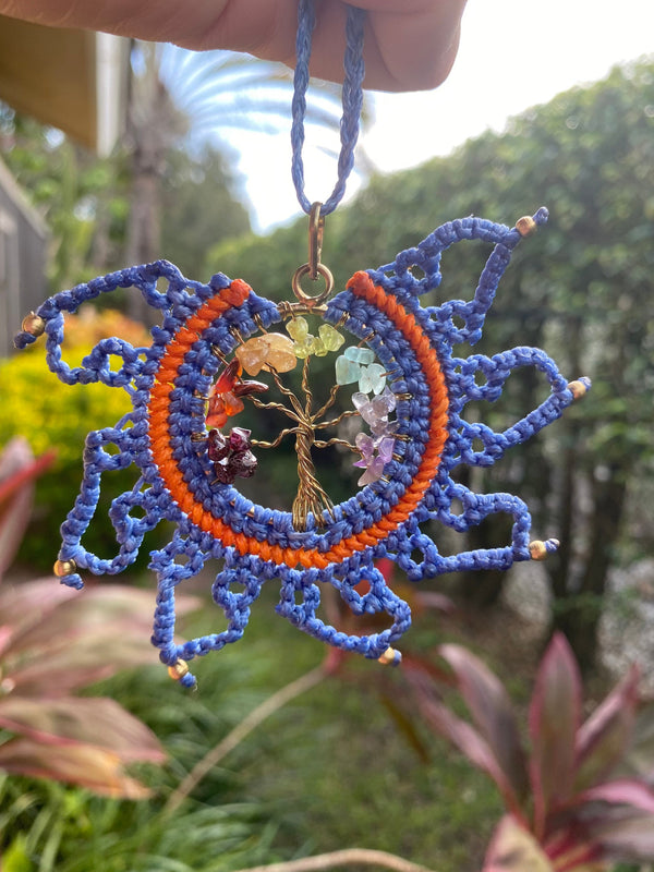 Handmade Tree of Life Dreamcatcher Macramé Pendant Necklace, Blue & Orange Wire Wrapped Handmade Rear View Mirror Mandala Car Charm Brass