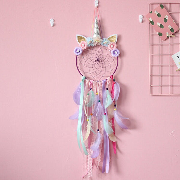 Purple Unicorn Floral Feather Beaded Dream Catcher Fairy Light Unique Wall Art Girls Kids Room Large Lavender Teal Mint Dreamcatcher Nursery