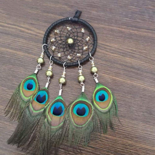 Peacock Feather Dream Catcher, Gold Beads Handmade Dreamcatcher Home Wall Decor, Car Charm Unisex Boy Girl Nursery