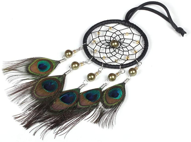 Peacock Feather Dream Catcher, Gold Beads Handmade Dreamcatcher Home Wall Decor, Car Charm Unisex Boy Girl Nursery