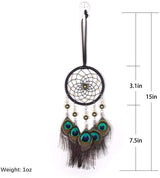 Peacock Feather Dream Catcher, Gold Beads Handmade Dreamcatcher Home Wall Decor, Car Charm Unisex Boy Girl Nursery