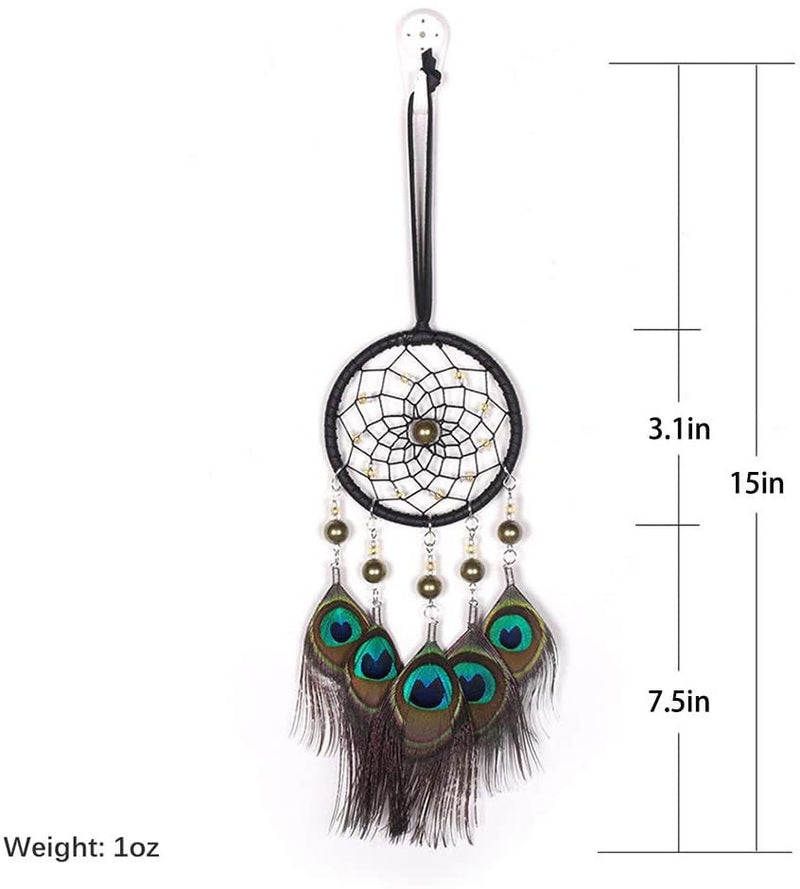 Peacock Feather Dream Catcher, Gold Beads Handmade Dreamcatcher Home Wall Decor, Car Charm Unisex Boy Girl Nursery