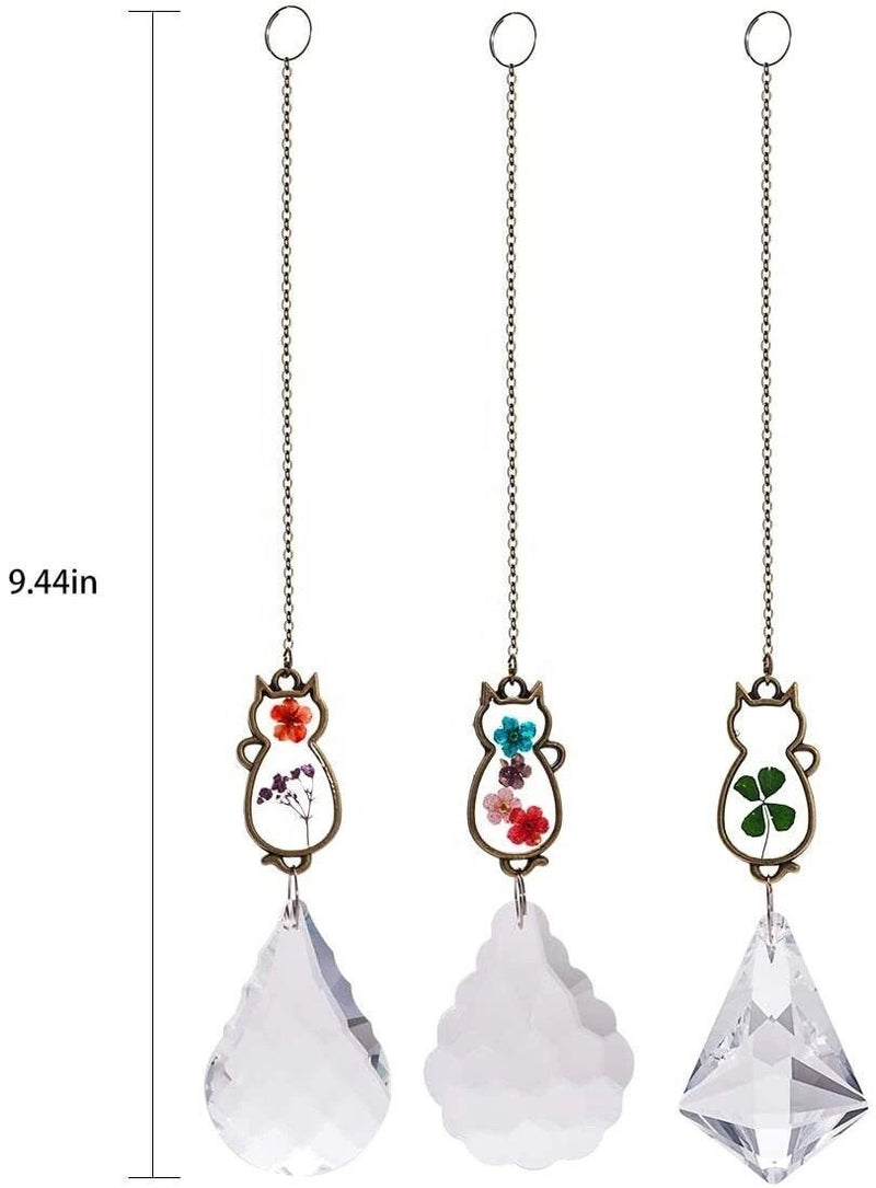 Choose 1 or Set of 3 Cat Suncatcher Dried Flowers 4 Leaf Clover Pendant Crystal Ornament Home Garden Window Kitty Birthday Bridesmaid Gift