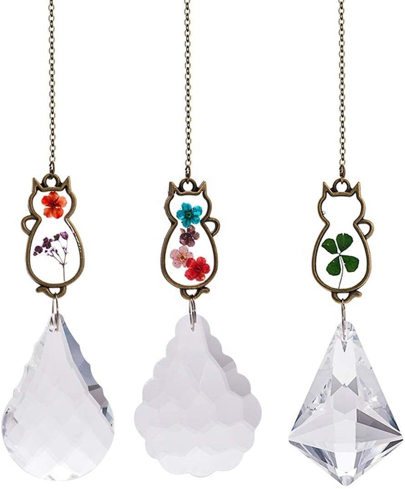 Choose 1 or Set of 3 Cat Suncatcher Dried Flowers 4 Leaf Clover Pendant Crystal Ornament Home Garden Window Kitty Birthday Bridesmaid Gift