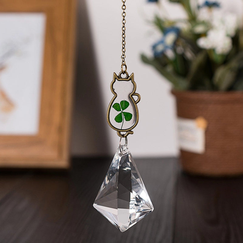 Choose 1 or Set of 3 Cat Suncatcher Dried Flowers 4 Leaf Clover Pendant Crystal Ornament Home Garden Window Kitty Birthday Bridesmaid Gift