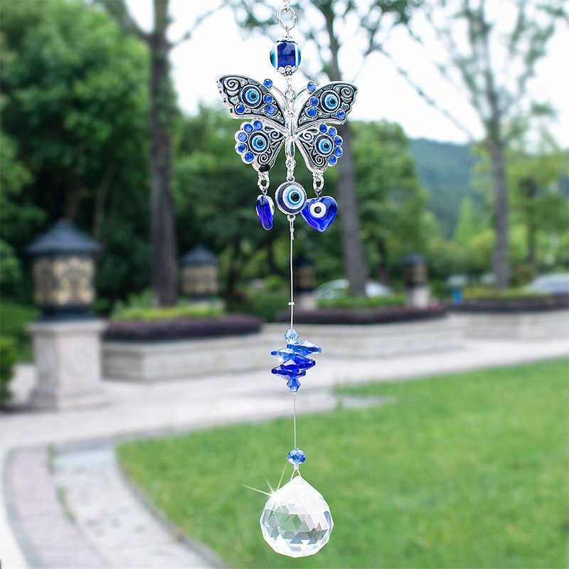 Evil Eye Blue Butterfly Suncatcher Crystal Sun Catcher Prism Ball Rainbow Maker Wind Chime Window Decoration Home Nursery Decor Gift For Her