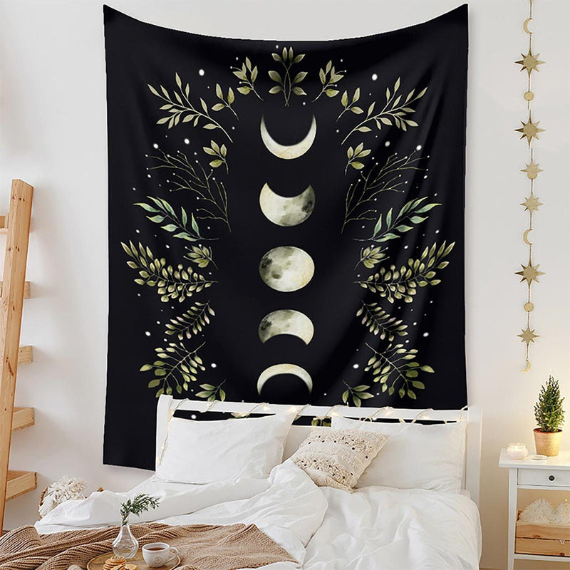 XL 60x80" Moon Phase Tapestry Lights Black Background Floral Greenery Astrology Tarot Solar Eclipse Sky Bedroom Large LED Remote Control