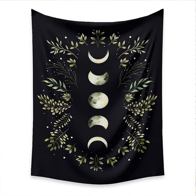 XL 60x80" Moon Phase Tapestry Lights Black Background Floral Greenery Astrology Tarot Solar Eclipse Sky Bedroom Large LED Remote Control