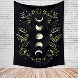 XL 60x80" Moon Phase Tapestry Lights Black Background Floral Greenery Astrology Tarot Solar Eclipse Sky Bedroom Large LED Remote Control