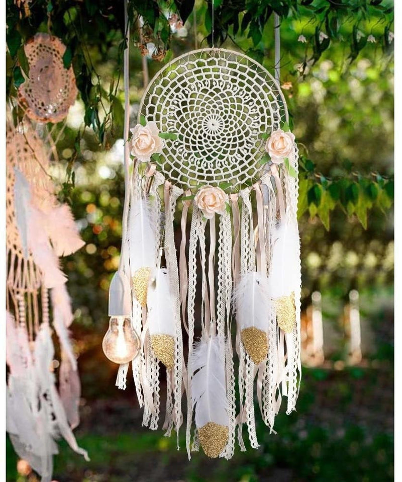 Boho White Gold Feather Floral Dreamcatcher Country Rustic Wedding Photos Decoration Unique Wall Hanging Natural Dream Catcher Zen Nursery