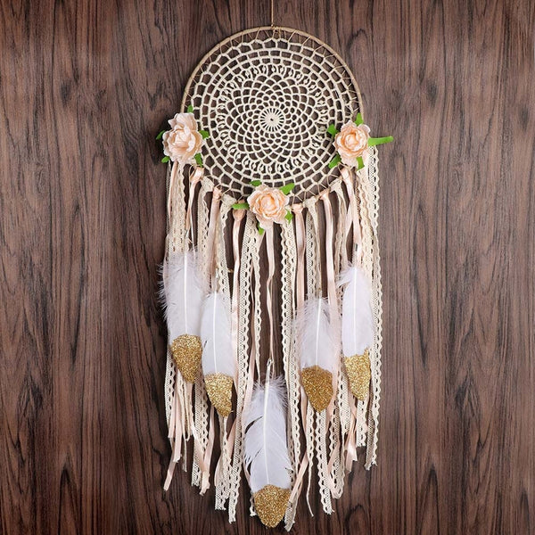 Boho White Gold Feather Floral Dreamcatcher Country Rustic Wedding Photos Decoration Unique Wall Hanging Natural Dream Catcher Zen Nursery