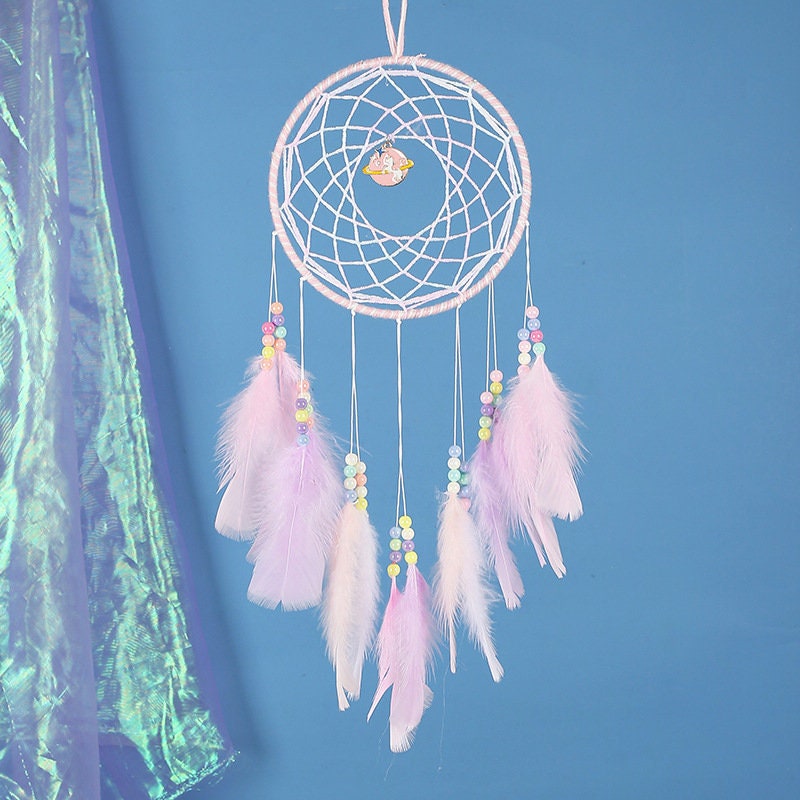 Pale Pink Dream Catcher Unicorn Dreamcatcher Planet Charm Beaded Feather Unique Wall Art Decoration Girl Nursery Kids Room Decor