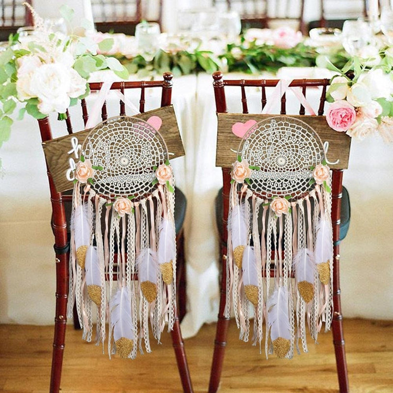 Boho White Gold Feather Floral Dreamcatcher Country Rustic Wedding Photos Decoration Unique Wall Hanging Natural Dream Catcher Zen Nursery