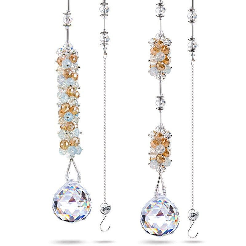 2 Suncatcher Peach Gift Set Gold Cascade Beads Crystal Prism Rear View Mirror Car Charm Pendant Window Hanging Rainbow Maker Bridesmaid Gift