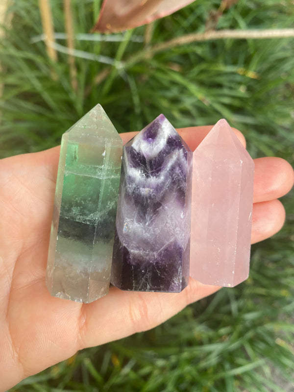 2.1-3.5" Rose Quartz, Green Flourite & Amethyst Obelisk Tower Points, Beginner Crystal Lot Set of 3 Crystals Birthday Christmas Gift