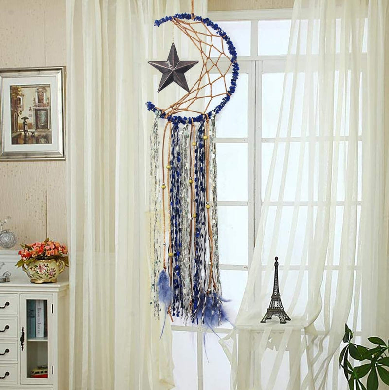 Star Crescent Half Moon Fairy Lights Blue Silver Brown Copper Beaded Dreamcatcher Unique Wall Art Decoration Nursery Hanging Boho Decor