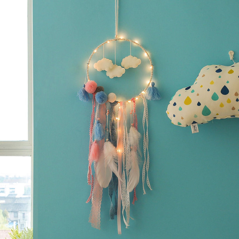 Cloud Pom Pom Dream Catcher Fairy Lights Dreamcatcher Pink Blue Teal Gray Beaded Lace Feather Boy Girl Twins Nursery Decor Unisex Mobile