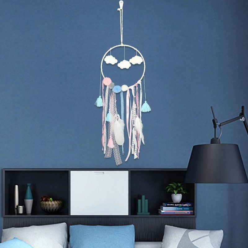 Cloud Pom Pom Dream Catcher Fairy Lights Dreamcatcher Pink Blue Teal Gray Beaded Lace Feather Boy Girl Twins Nursery Decor Unisex Mobile