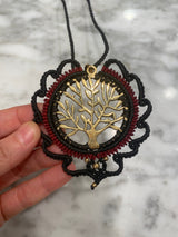 Handmade Tree of Life, Black and Red, Rear View Mirror, Mandala Car Charm, Brass Pendant Necklace