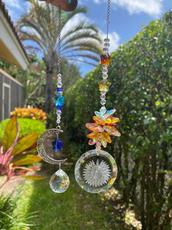 Crescent Moon & Sun Suncatcher Set Prism Ball Rear View Mirror Car Charm Crystal Decor Rainbow Maker Bridesmaid Window Hangings