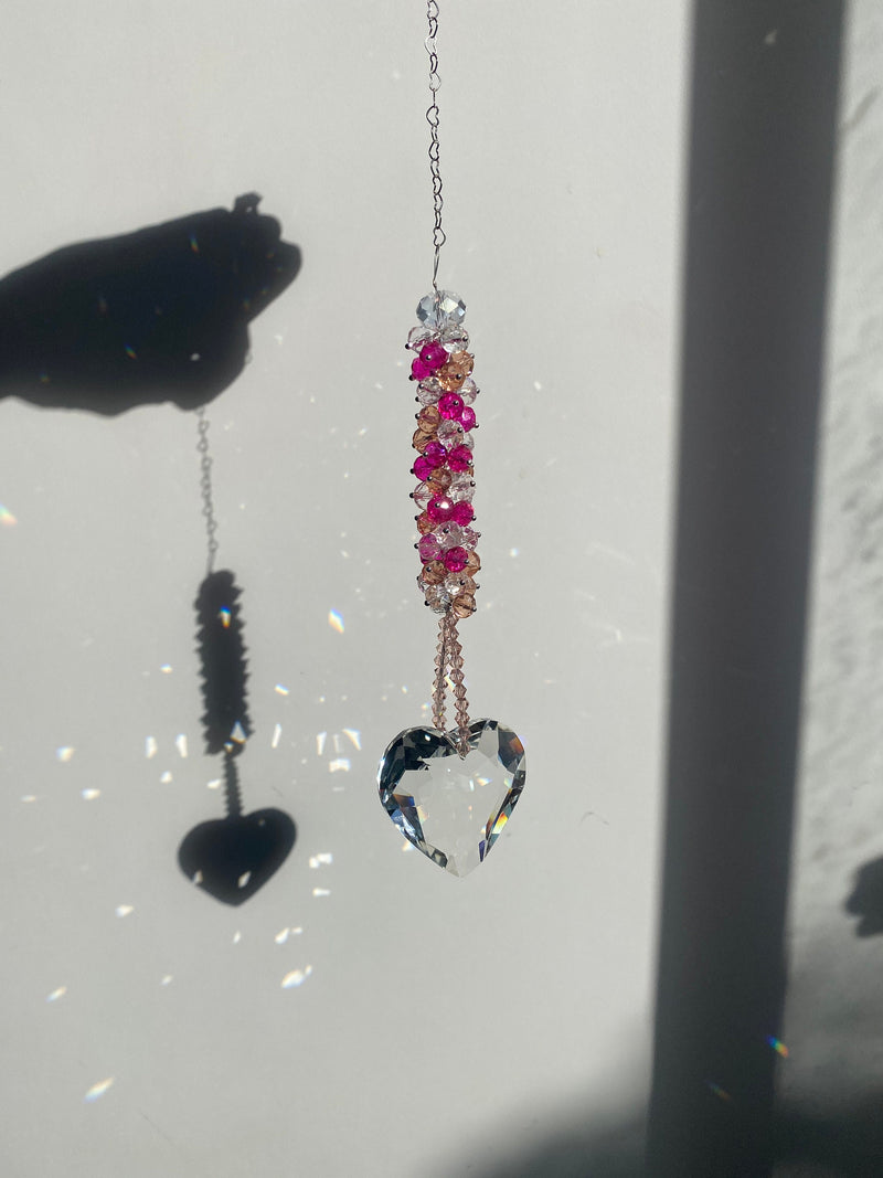 Pink Beaded Heart Prism Suncatcher Crystal Rainbow Maker Ornament Window Decoration Girl Decor Valentines Day Birthday Gift For Friend