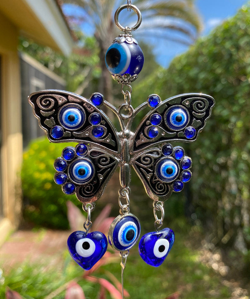 Evil Eye Blue Butterfly Suncatcher Crystal Sun Catcher Prism Ball Rainbow Maker Wind Chime Window Decoration Home Nursery Decor Gift For Her