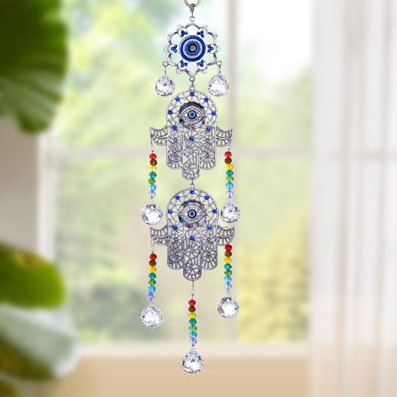 Large Evil Eye Blue Hamsa Chakra Crystal Suncatcher Prism Ball Wall Hanging Rainbow Maker Window Nursery Bridesmaid Gift