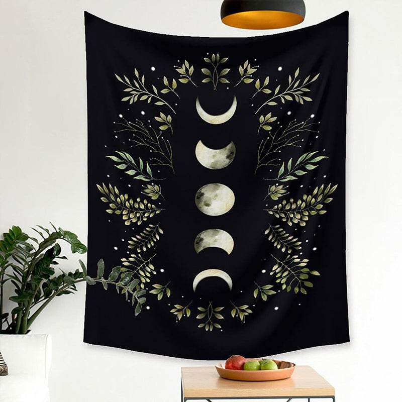 XL 60x80" Moon Phase Tapestry Lights Black Background Floral Greenery Astrology Tarot Solar Eclipse Sky Bedroom Large LED Remote Control