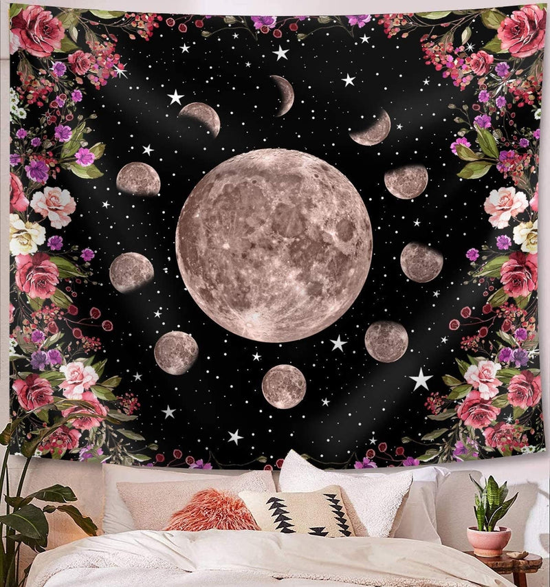 XL 60x80" Moon Phase Black Light Tapestry Lights Star Flowers Background Floral Astrology Festival Eclipse Sky Bedroom Large Remote