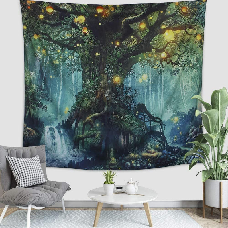 XL 60x80" Large Forest Tree Blue Green Black Light Tapestry Wall Decor Festival Art Lights Remote Star Astrology Starry Night