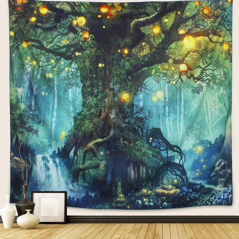 XL 60x80" Large Forest Tree Blue Green Black Light Tapestry Wall Decor Festival Art Lights Remote Star Astrology Starry Night