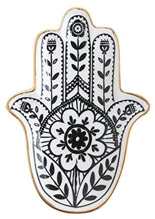 4.5" Ceramic Floral Hamsa Black White Gold Unique Jewelry Tray Dish Crystal Holder Decorative Plate Earring Ring Unique Wedding Favors Gift