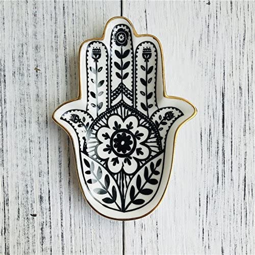 4.5" Ceramic Floral Hamsa Black White Gold Unique Jewelry Tray Dish Crystal Holder Decorative Plate Earring Ring Unique Wedding Favors Gift