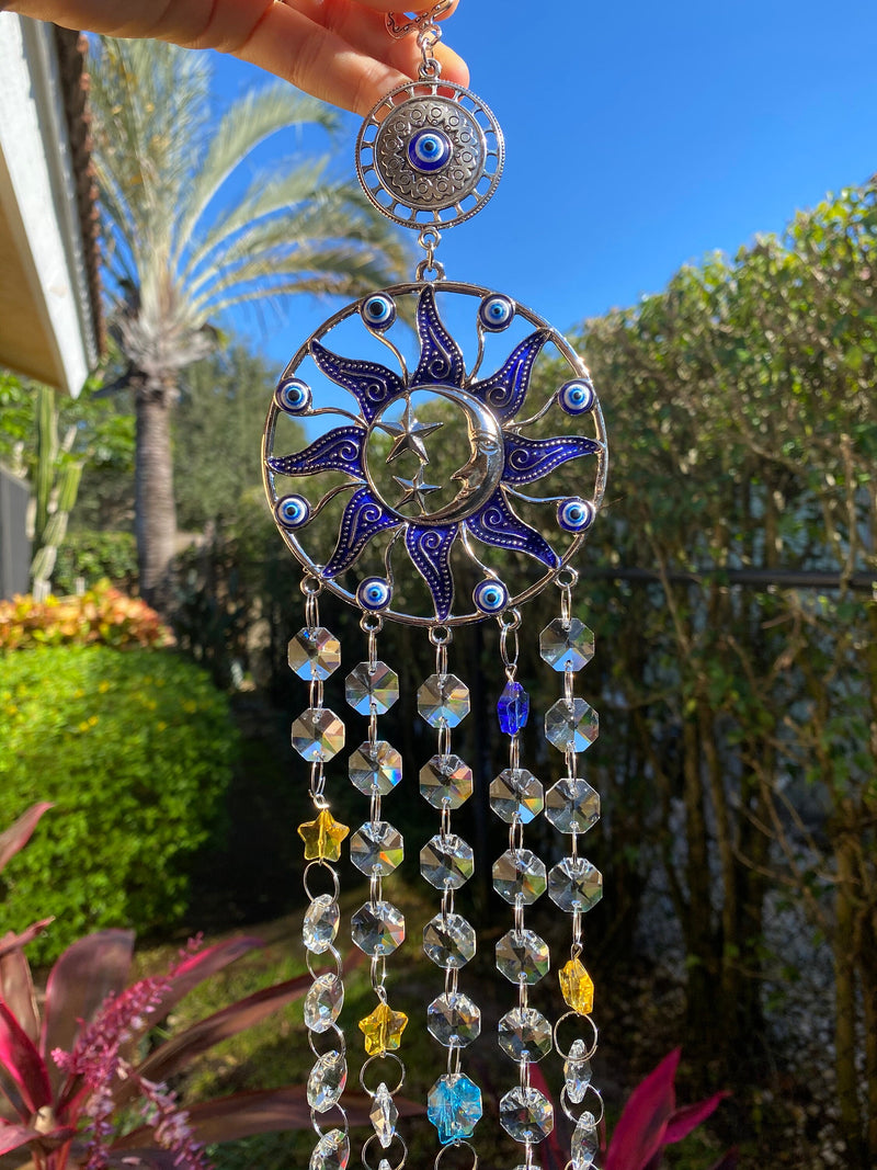 Large Turkish Blue Evil Eye Crescent Moon Sun Stars Crystal Suncatcher Decor Prism Balls Rainbow Maker Home Garden Nursery Window