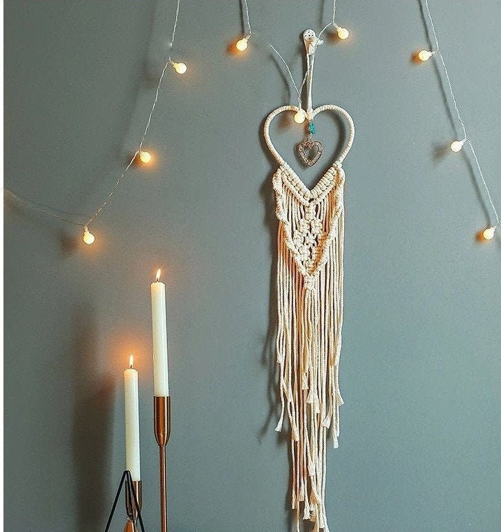 Small Heart Macrame Dreamcatcher (UNASSEMBLED Fairy Lights) Tapestry Turquoise Bead Wall Decor Girl Boy Nursery Hanging Girls Boys Room