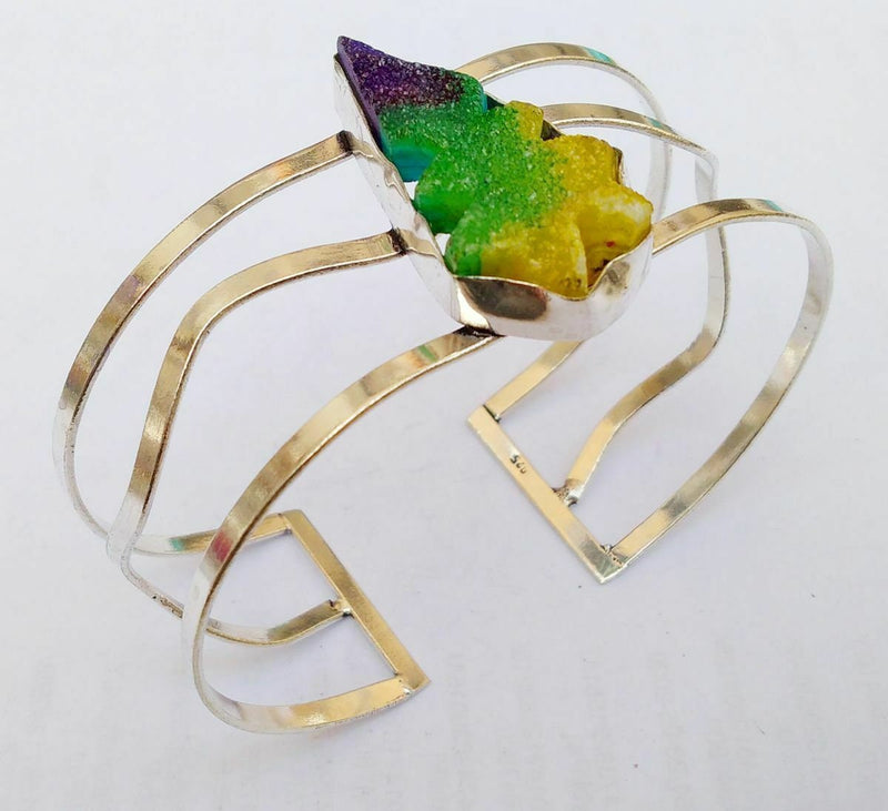 Rainbow Solar Quartz Druzy Crystal Geode Slice 925 Sterling Silver Plated Multi-Color Chakra Gemstone Adjustable Unique Bangle Bracelet Cuff