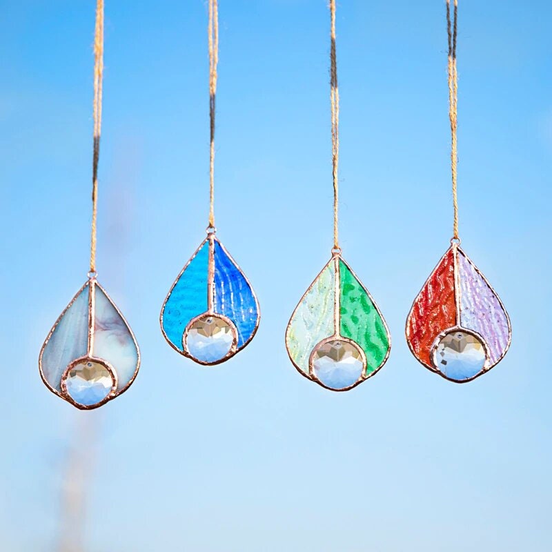 Stained Glass Teardrop Suncatcher Window Hanging Pendant Decoration Car Charm Christmas Ornament Home Decor Patio Blue Green Gray Pink