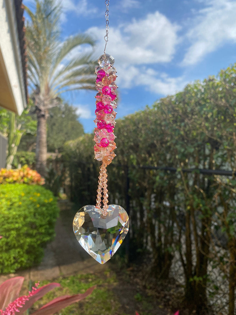 Pink Beaded Heart Prism Suncatcher Crystal Rainbow Maker Ornament Window Decoration Girl Decor Valentines Day Birthday Gift For Friend