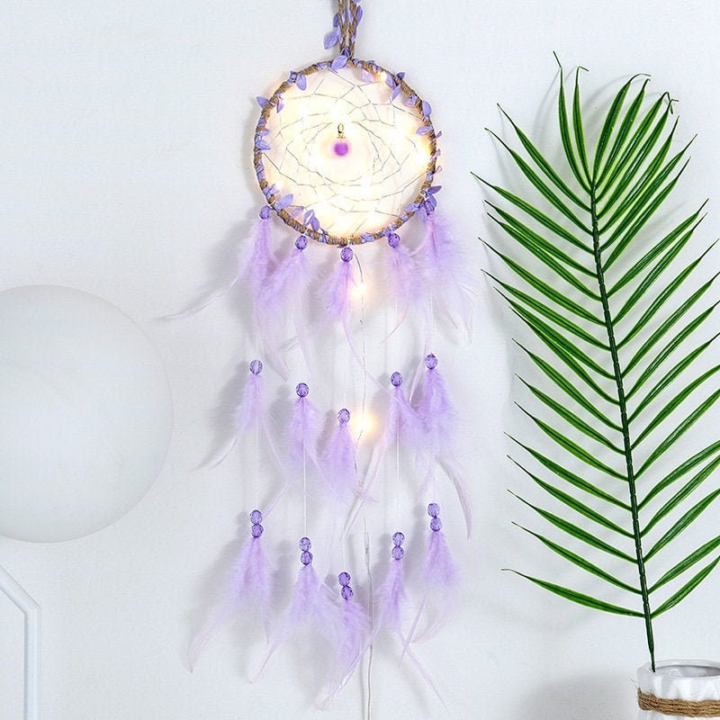 Lavender Dream Catcher Purple Dreamcatcher w Fairy Lights Beaded Feather Ribbon Unique Wall Art Decoration Girl Nursery Zen Boho Decor