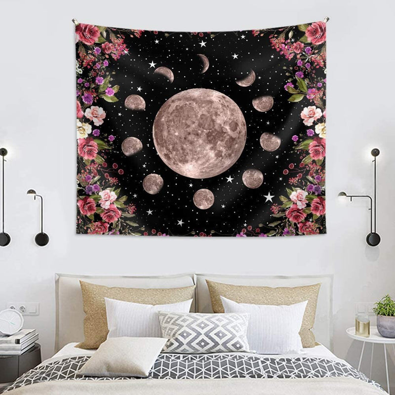 XL 60x80" Moon Phase Black Light Tapestry Lights Star Flowers Background Floral Astrology Festival Eclipse Sky Bedroom Large Remote