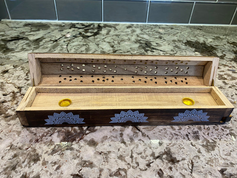 Hand Crafted Mandala Design Holder Wood Box & Incense Gift Set, Wooden Design with Storage, Aromatherapy Incense Burner, Housewarming Home