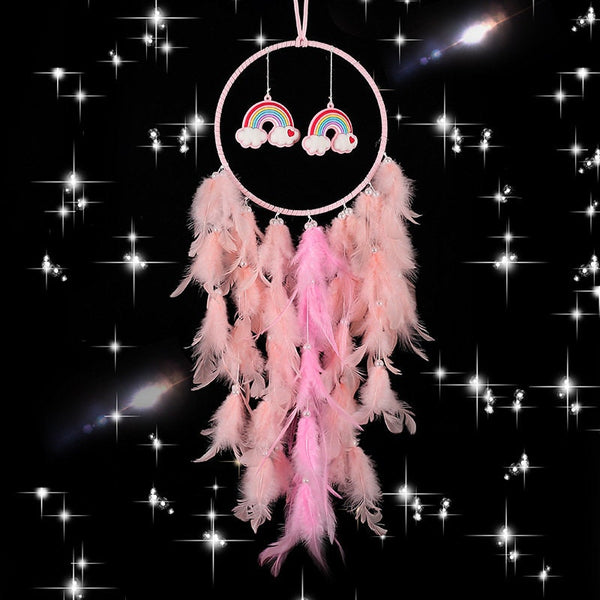 Pale Pink Feather Rainbow Heart Fairy Lights Dreamcatcher Chakra Unique Wall Hanging Art Decor Dream Catcher Girl Boy Birthday New Baby Gift