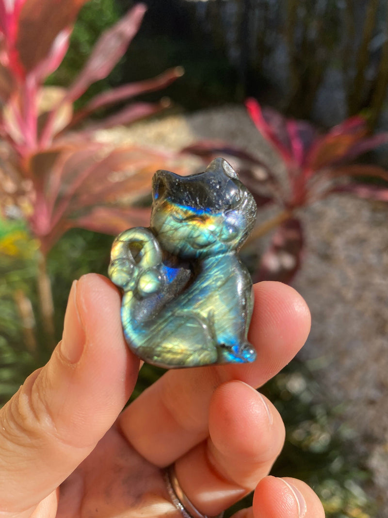 Labradorite Cat Kitty Hand Carved Crystal Altar Tile High Flash Birthday Anniversary Valentine's Day Housewarming Birthday Gift Alter