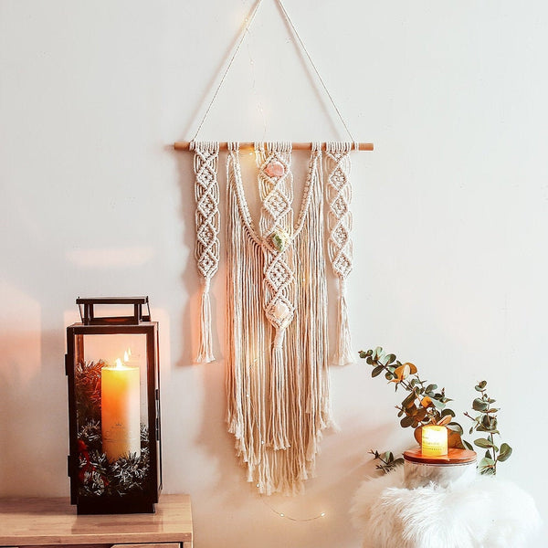 Large Crystal Macrame Tapestry Wall Hanging Rose Quartz Clear Quartz & Jade Optional (UNASSEMBLED Fairy Lights) Neutral Housewarming