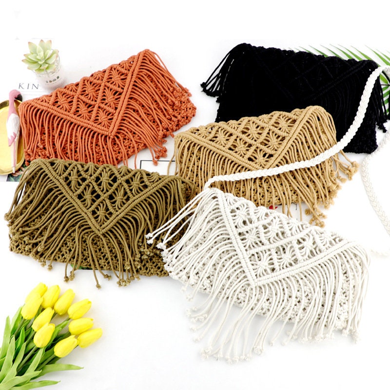 Macrame Hippie Woven Crossbody Bag, Trending Vintage Bohemian Clutch Knit Rope Satchel Messenger Clutch Natural Organic Vegan Cotton Cord