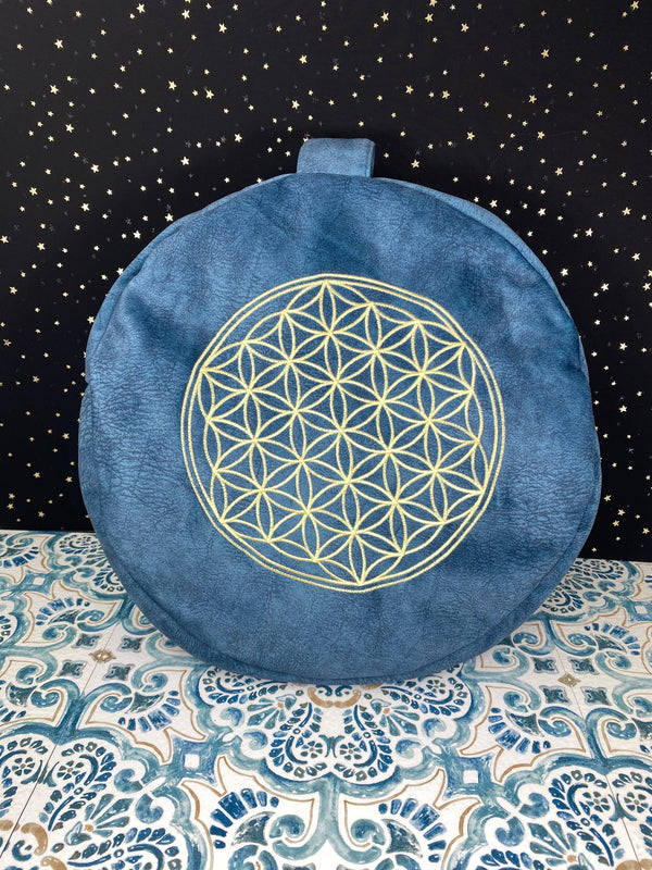 Organic Vegan Suede Embroidered Flower of Life Round Zafu Pouf Cushion w Handle & Travel Carrying Bag Portable Buckwheat Gift For Yogi