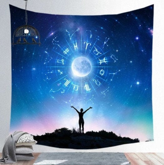 XL 60x80" Zodiac Astrology Black Light Tapestry Wall Hanging Bedroom Decor Large Stars Universe Night Festival Sky Lights Remote Control