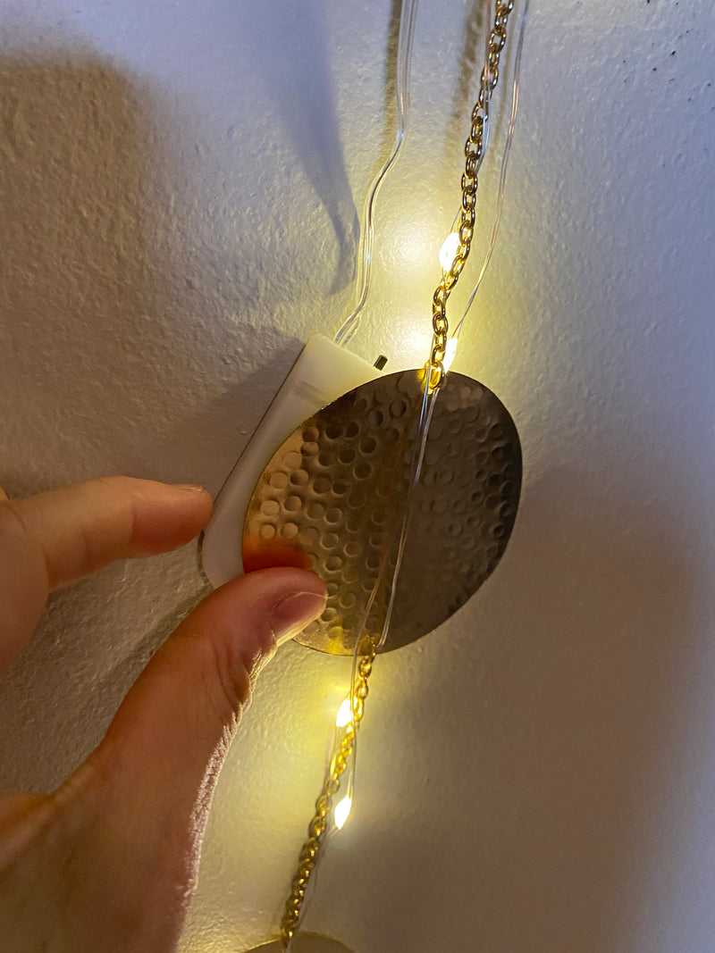 7 Metal Moon Phase Wall Hanging Decor with Lights Hammered Brass Garland Horizontal Vertical Decoration Housewarming Wedding Arch Birthday